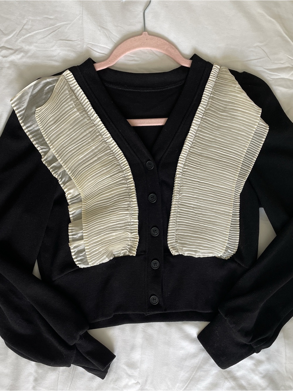 Black Cardigan with Cream Pleated Bib Collar - Picture 1 of 1